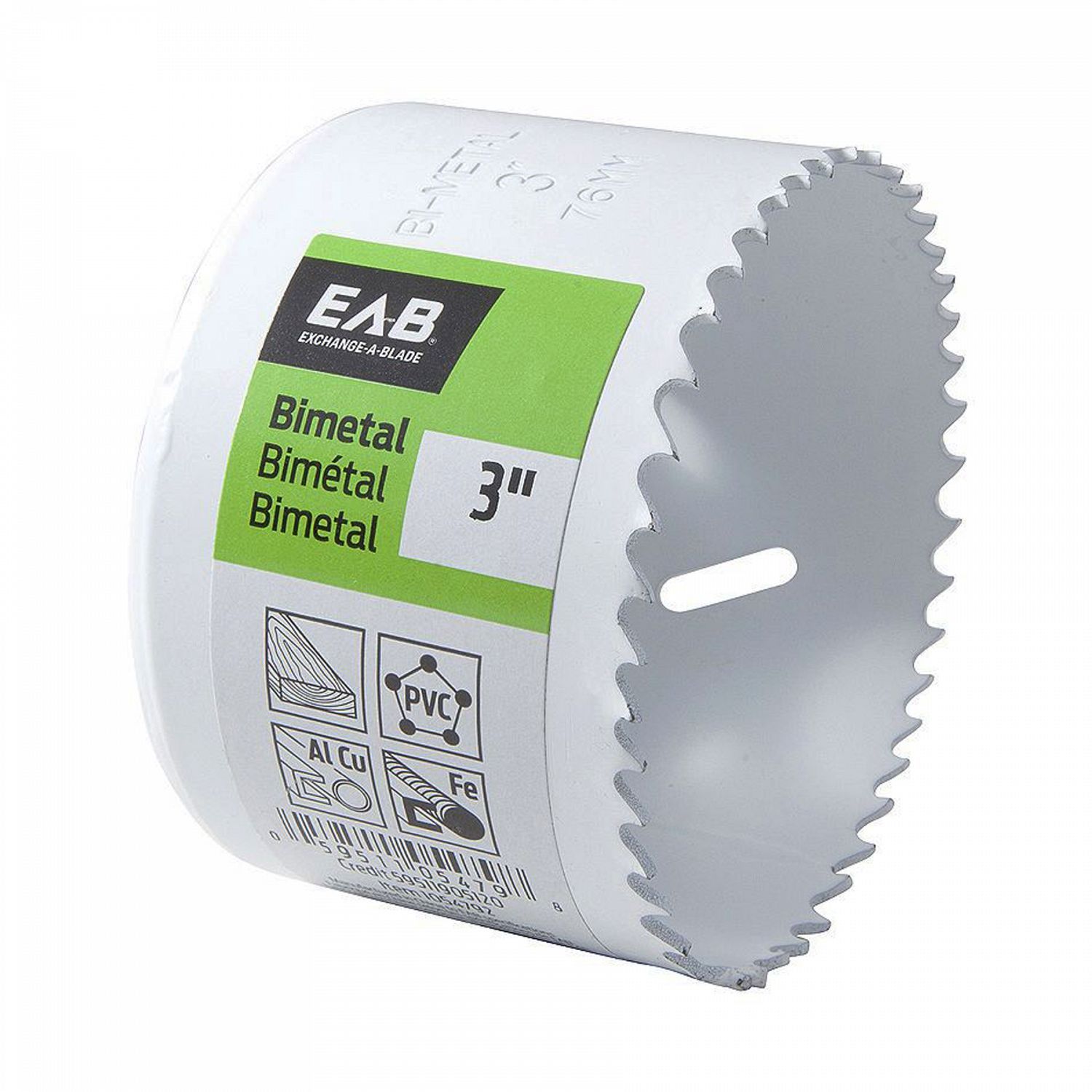 EAB 3 inch bi-metal hole saw for cutting wood, metal, and plastic.