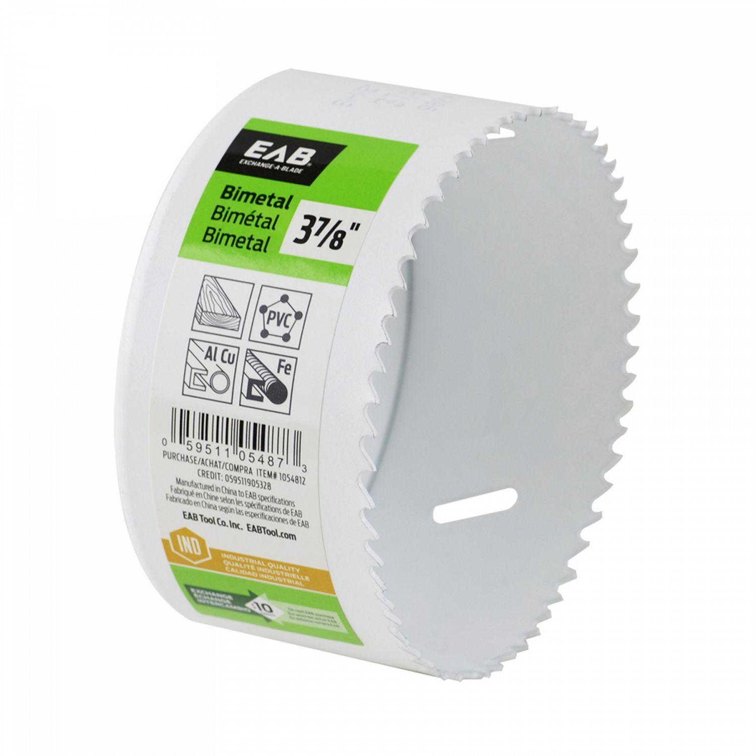 EAB 3 7/8 inch bi-metal hole saw for cutting wood, metal, and plastic.