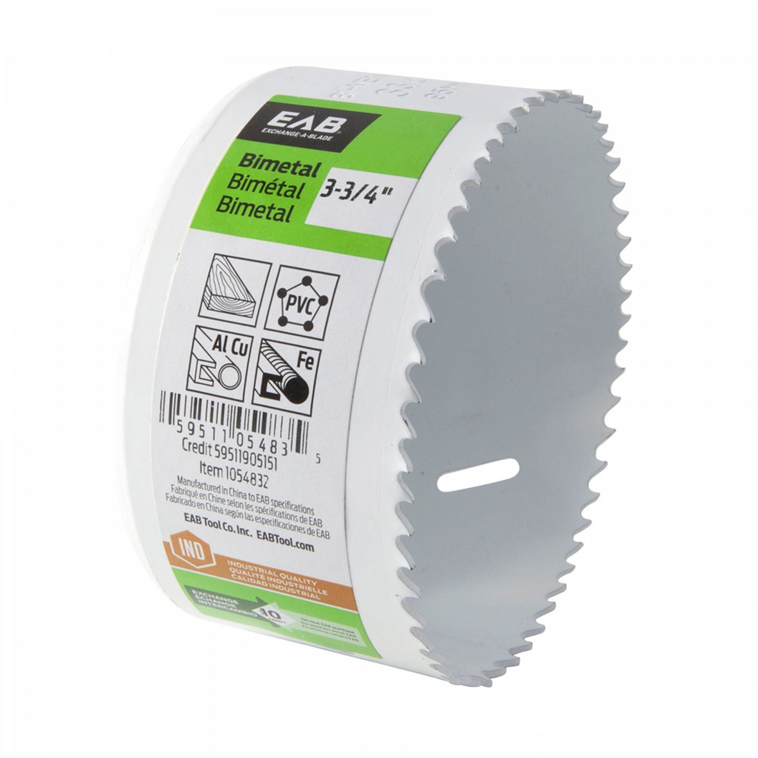 EAB 3 3/4 inch bi-metal hole saw for cutting wood, metal, and plastic.