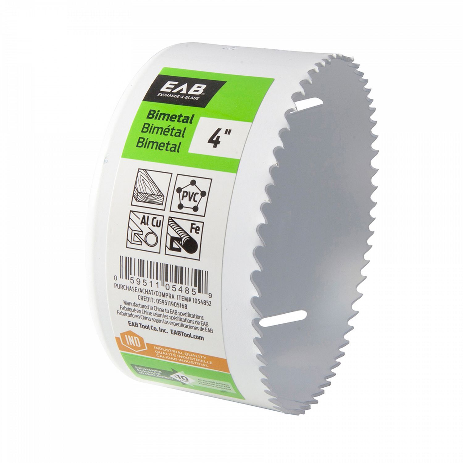 EAB 4 inch bi-metal hole saw for large holes in wood, metal, and plastic.