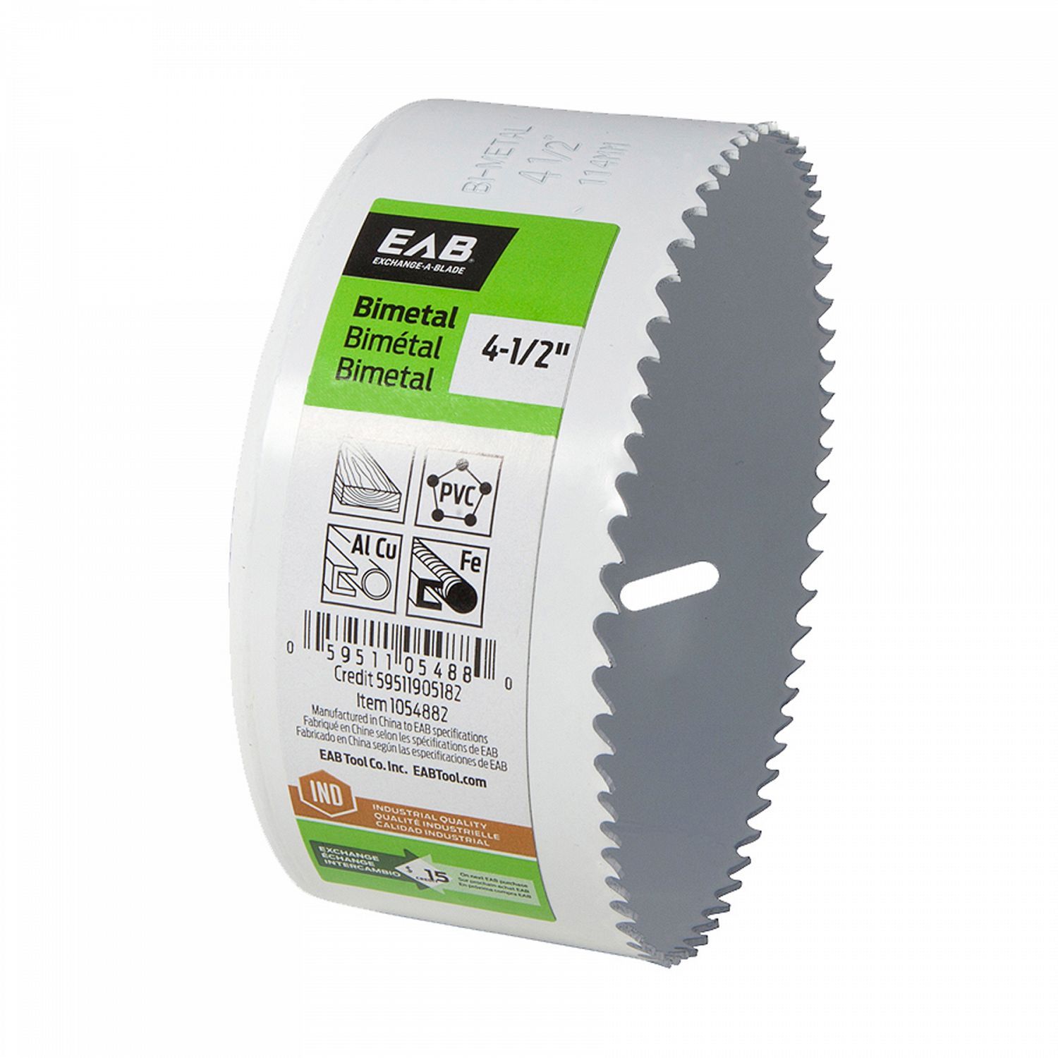 EAB 4 1/2 inch bi-metal hole saw for large holes in wood, metal, and plastic.