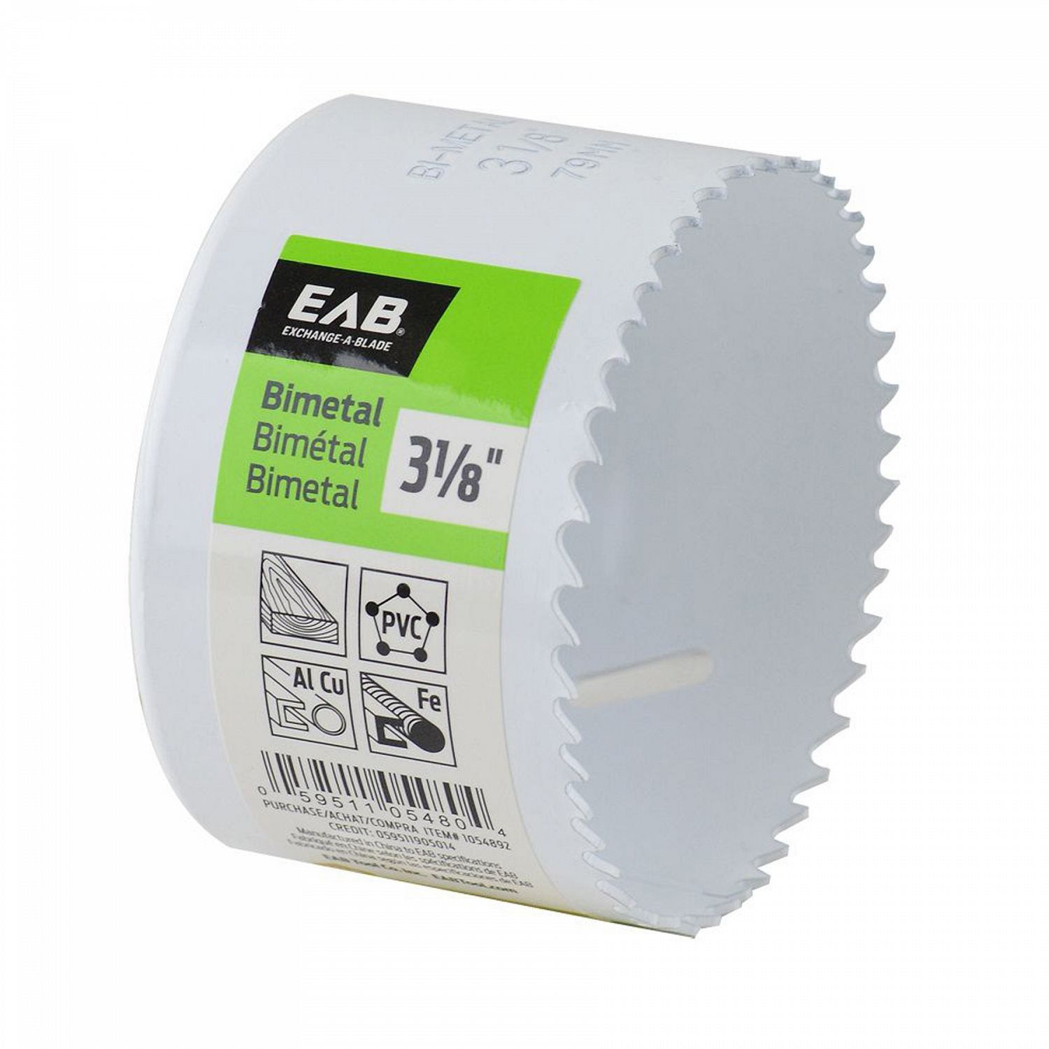 EAB 3 1/8 inch bi-metal hole saw for cutting wood, metal, and plastic.