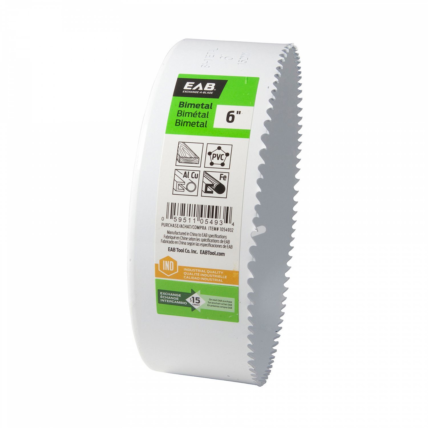 EAB 6 inch bi-metal hole saw for large holes in wood, metal, and plastic.