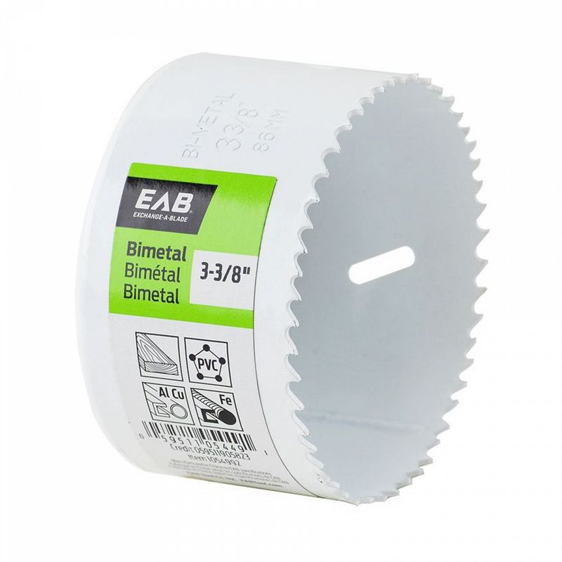 EAB 3 3/8 inch industrial bi-metal hole saw for wood, metal, and plastic.