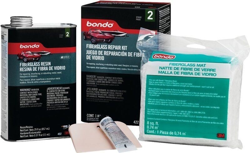 Bondo fiberglass repair kit, 1 litre size, for auto body rust and crack repair.