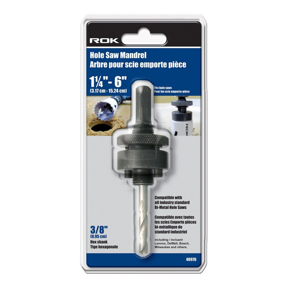3/8 inch hole saw mandrel for securing hole saws to a drill chuck.