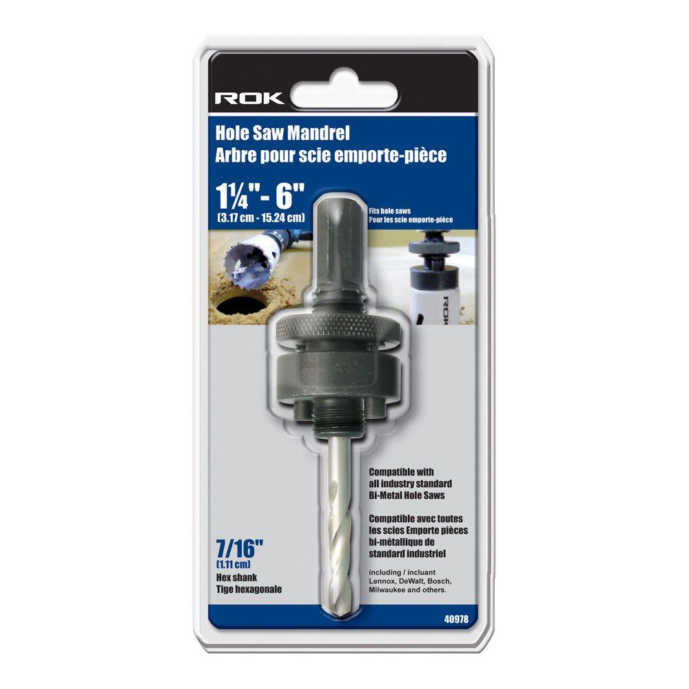 7/16 inch hole saw arbor with hex shank for a secure grip in the drill chuck.