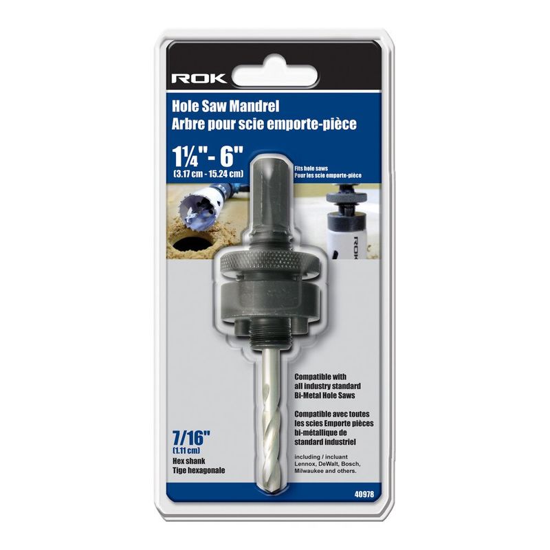 7/16 inch hole saw arbor with hex shank for a secure grip in the drill chuck.