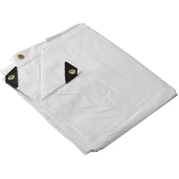 12 by 16 foot white tarp for covering materials and equipment outdoors.