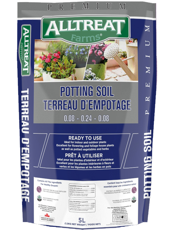 Alltreat potting soil in a 10 litre bag for container plants and garden beds.