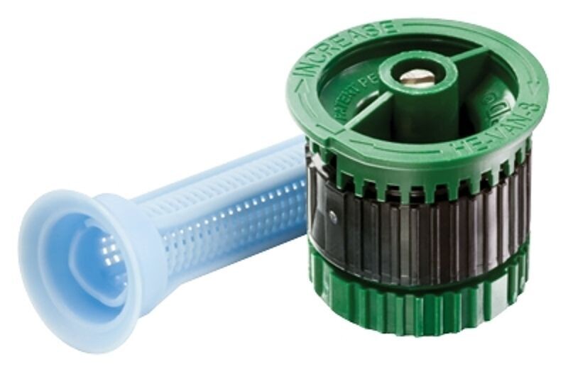 8 foot adjustable angle pop-up sprinkler head in green for lawn irrigation.