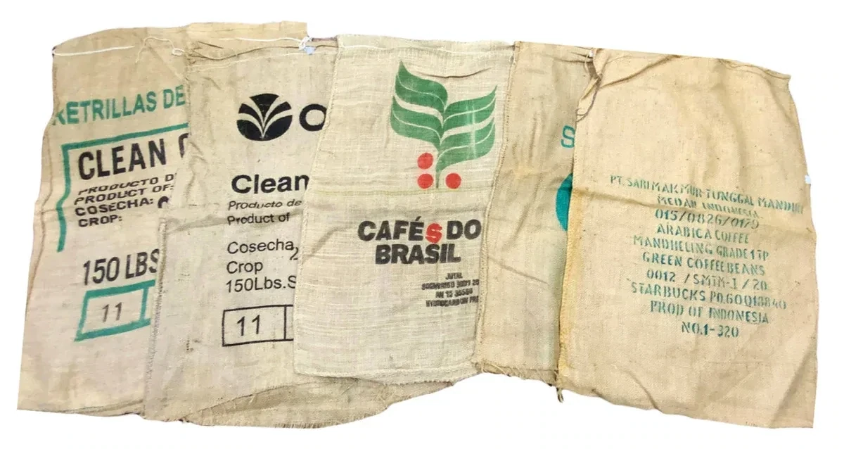Burlap coffee bean sack, a natural fibre bag for gardening and craft use.