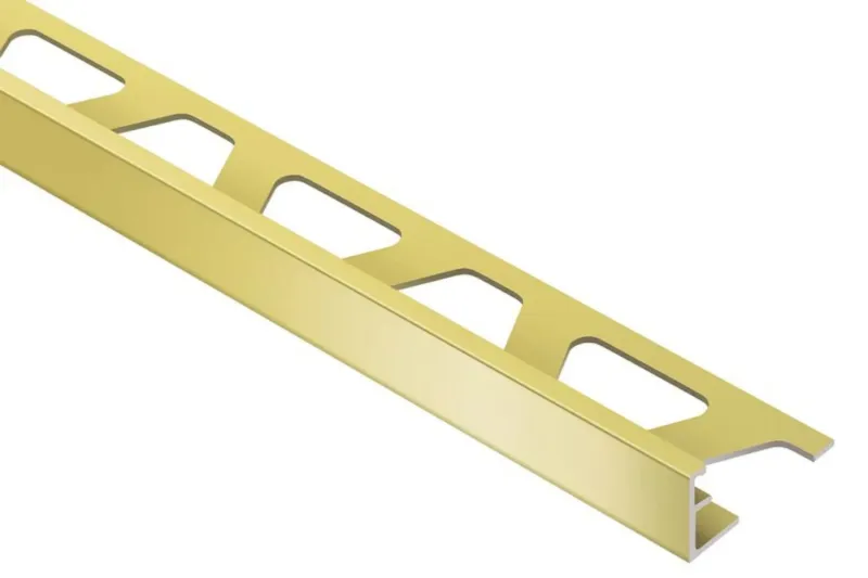 3/8 3/8 inch Schluter Jolly wall tile edge trim in a satin brass finish.