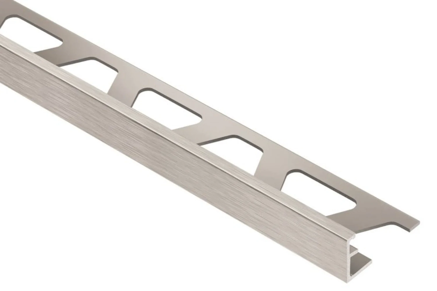 1/2 inch Schluter Jolly brushed nickel aluminum tile edge trim.