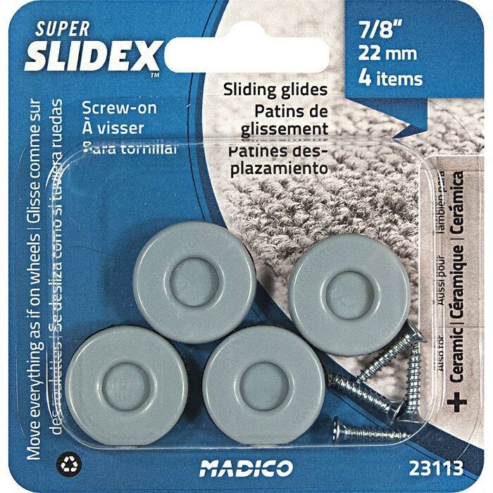 7/8 Inch round screw-on glide for furniture legs and floor protection.