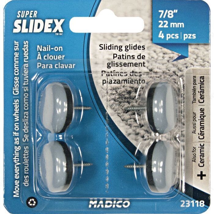 7/8 Inch screw-on glides for furniture legs and floor protection.
