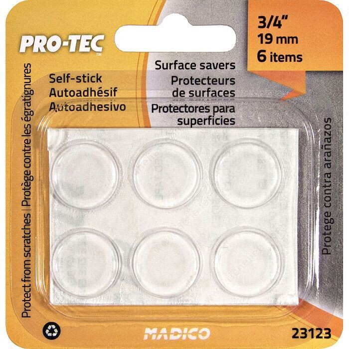 6 Pack of 3/4 inch clear round bumper pads for cushioning cabinet doors and glass tops.