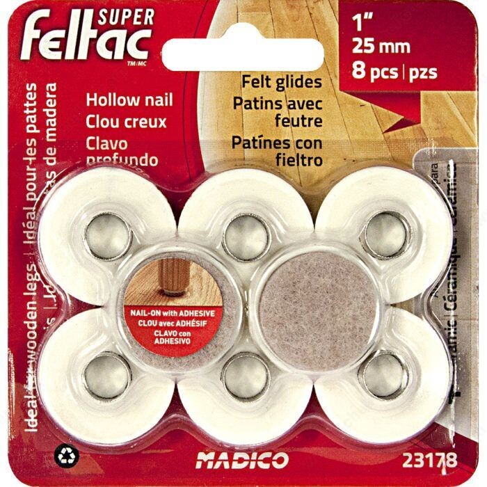 1 Inch round ferrule felt glides, pack of 8.