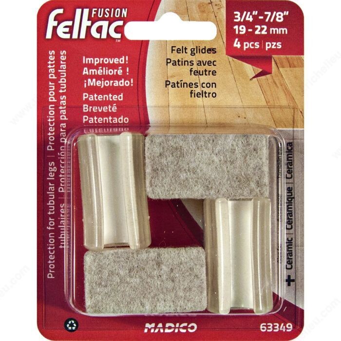 Snap-on felt glides, 3/4 inch to 7/8 inch, 4 pack, for protecting floors under furniture legs.