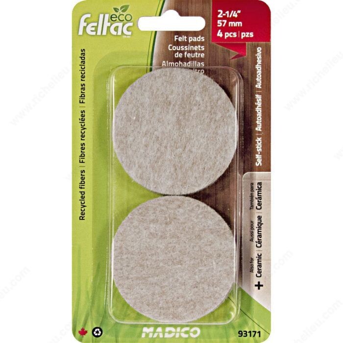Pack of four 2-1/4 inch beige round felt pads for protecting floors under furniture legs.