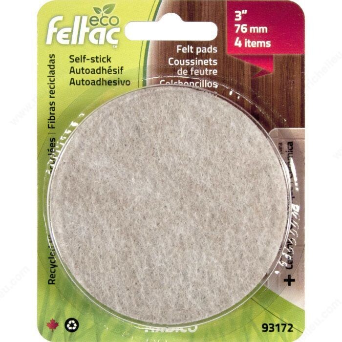 3 inch self stick felt pads, sold four per pack, for protecting floors under furniture legs.