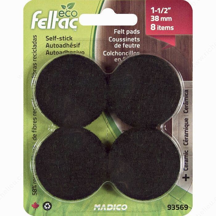 1-1/2 Inch black round self-stick felt pads for furniture legs.