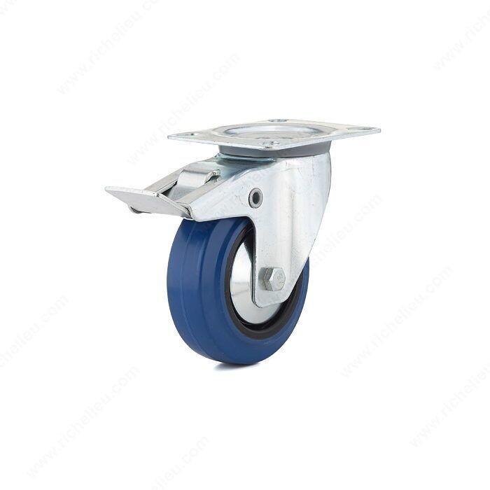 4 inch blue rubber swivel caster wheel with a brake for carts and furniture.