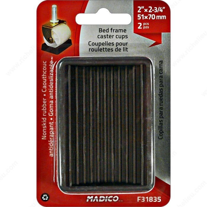 2 by 2-3/4 inch bed frame caster cups, sized to fit standard bed frame casters.