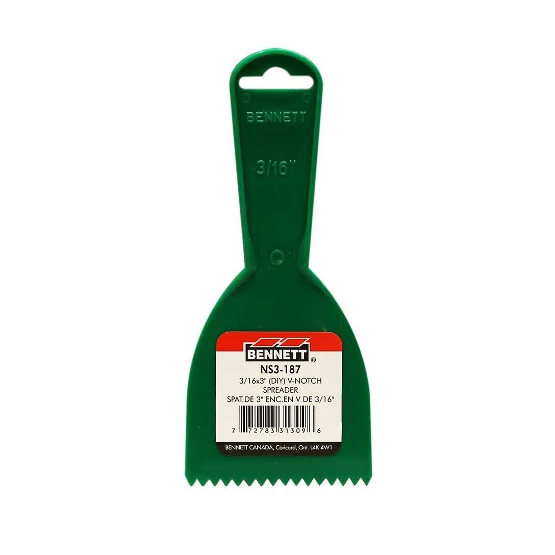 3/16 inch by 3 inch V-notch adhesive spreader for spreading tile and flooring adhesive.