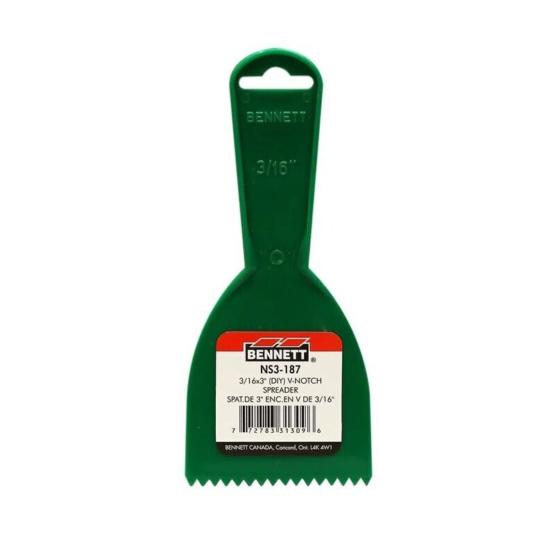 3/16 inch by 3 inch V-notch adhesive spreader for spreading tile and flooring adhesive.