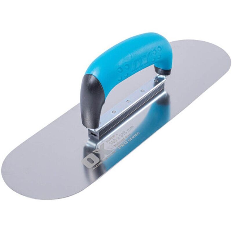 4 4 inch by 14 inch OX Pro flexible pool trowel for finishing curved concrete surfaces.