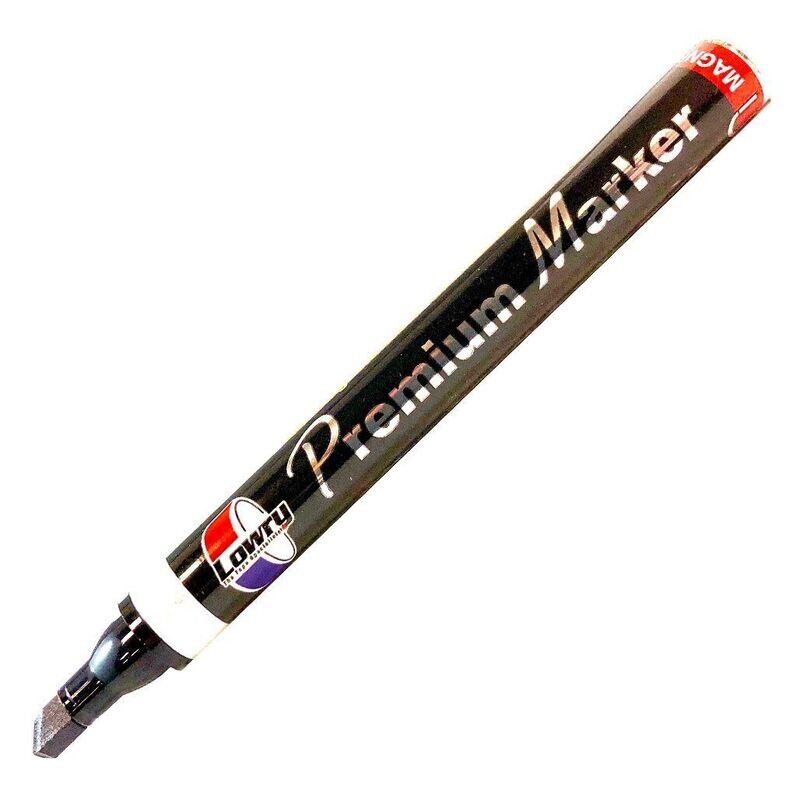 Black marker with a magnetized end for metal surfaces.