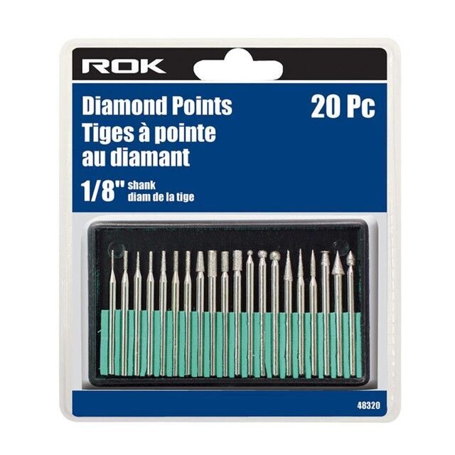 ROK 20 piece diamond point rotary tool bit set with 1/8 inch shank for engraving hard materials.