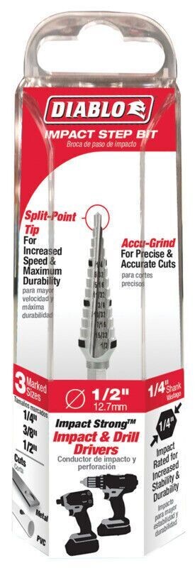 13 step drill bit ranging from 1/4 inch to 1/2 inch for stepped hole drilling.