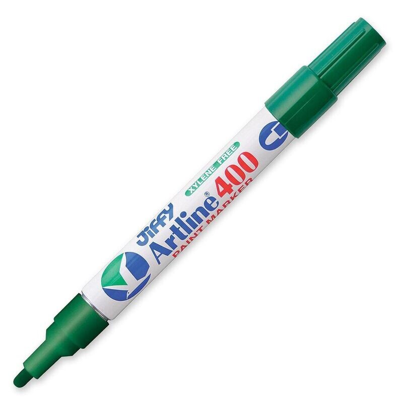 Green Jiffy marker for metal, glass, and plastic.