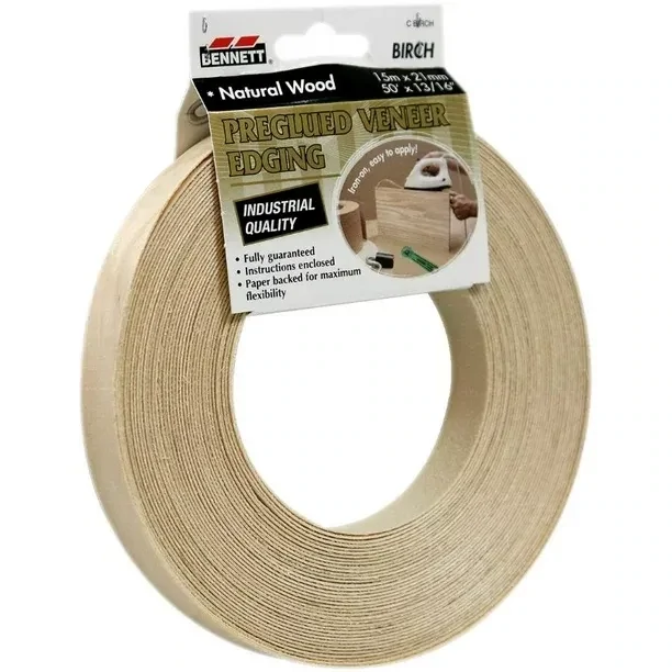 13/16 Inch by 25 Foot Birch Veneer Edge Banding. Iron-on tape for finishing plywood edges.