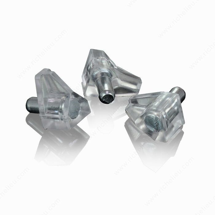 5MM PLASTIC SHELF SUPPORT CLEAR METAL PIN 5MM Clear Plastic Shelf Support Pin with a metal pin for cabinet shelving.