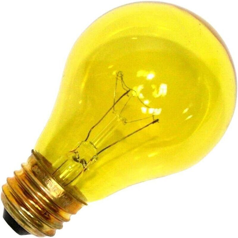 25 watt A19 translucent yellow light bulb rated for 125 volts.
