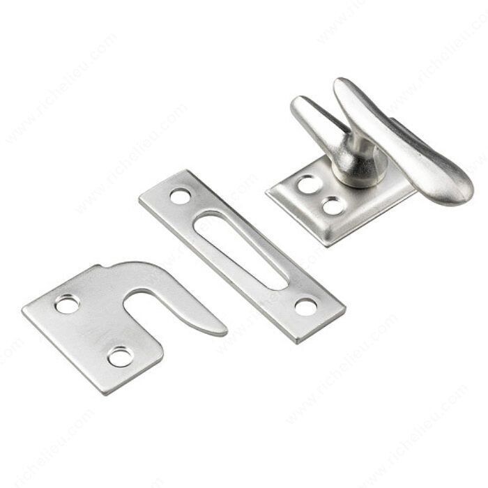 Casement window latch in a brushed nickel finish.