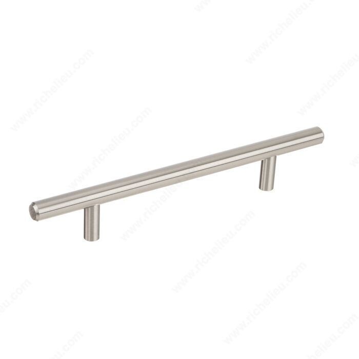 Brushed nickel cabinet pull for drawers and cabinet doors.
