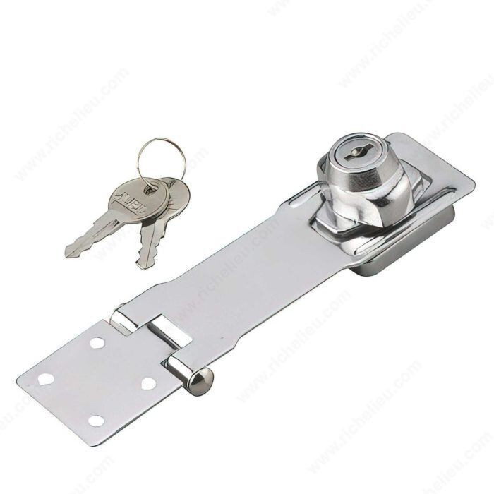 Chrome locking hasp, 4-1/2 inch, for securing gates and shed doors.