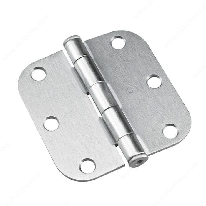 3 3 inch butt hinge with 5/8 inch radius corner in brushed chrome finish for interior doors.
