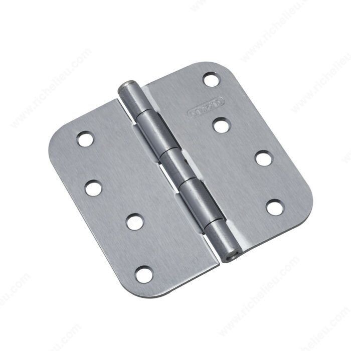 4 inch non-removable pin hinge with 5/8 inch radius corners, in brushed chrome.