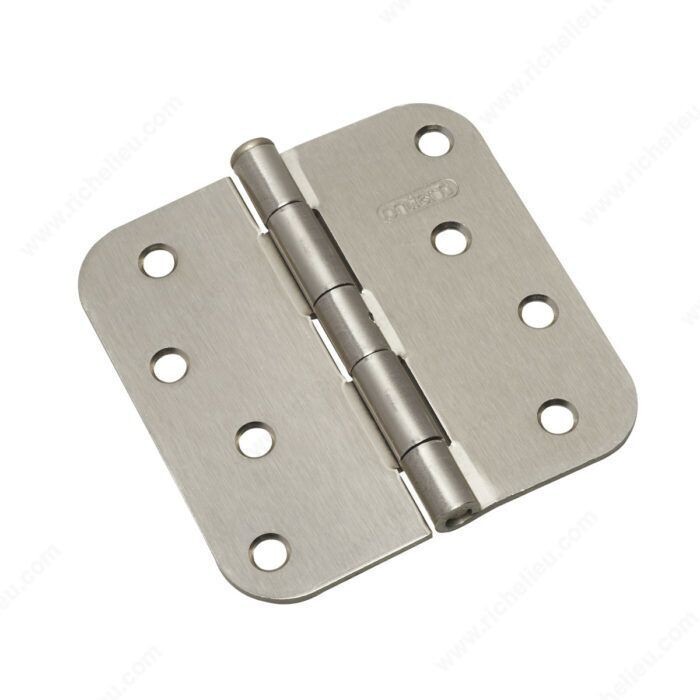 4 inch non-removable pin hinge with 5/8 inch radius corners, in brushed nickel.