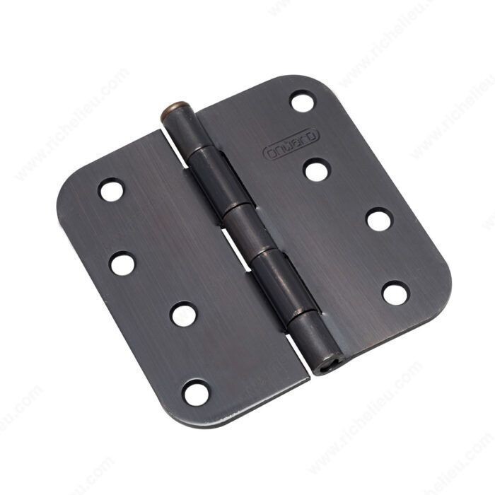 4 inch non-removable pin hinge with 5/8 inch radius corners, in oil-rubbed bronze.
