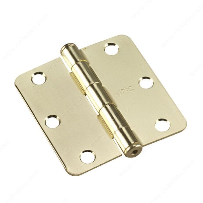 3 3 inch butt hinge with 1/4 inch radius corner in brass finish for interior doors.