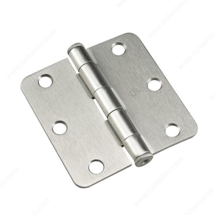 3 3 inch butt hinge with 1/4 inch radius corner in brushed nickel finish for interior doors.