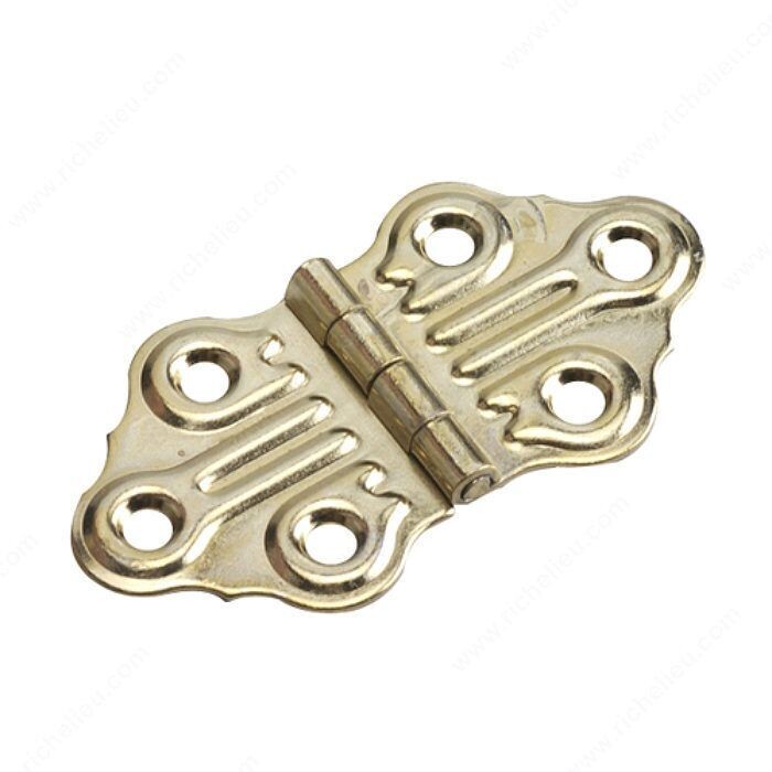1-1/4 inch ornamental hinge in brass finish.