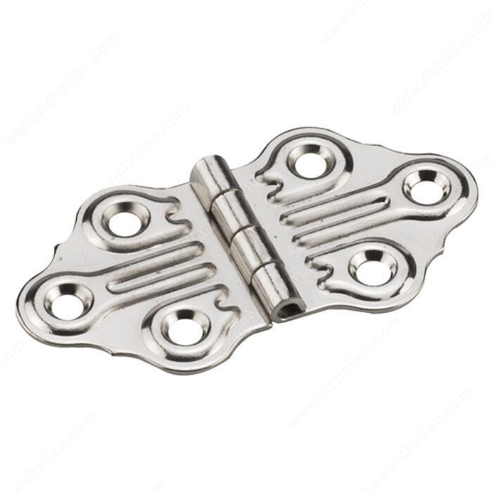 1-1/4 inch ornamental hinge in nickel finish.