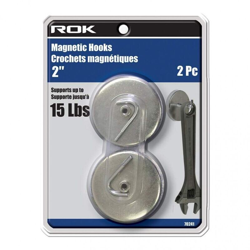2 2 inch magnetic hook rated to hold up to 15 pounds, for hanging tools and cords.